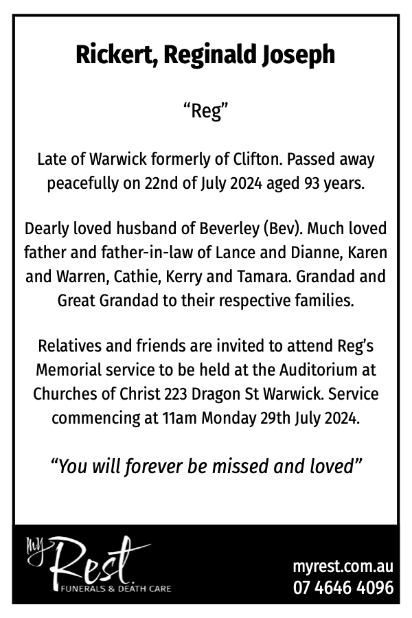 Warwick Funeral for Reginald Rickert