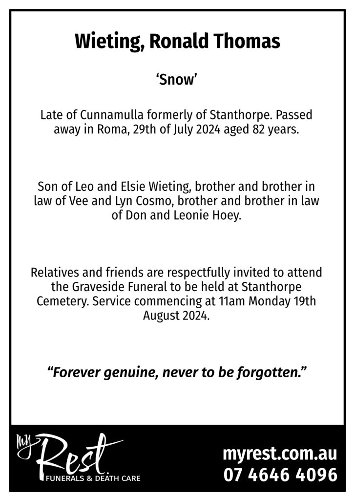 Funeral notice for the late Ronald Wieting